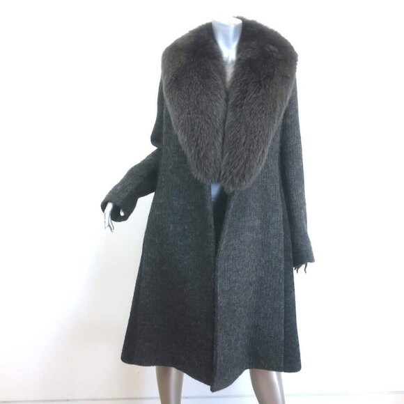 Fleurette Fox Fur Collar Wrap Coat Dark Gray Wool-Blend Size 14 - Picture 2 of 9